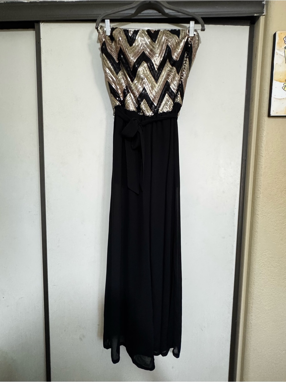 Strapless Black Jumpsuit with Gold Chevron Sequin Bodice